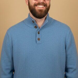 VTG 90s Lands End Men M Wool Mockneck Henley Sweater Blue Classy Preppy Academia